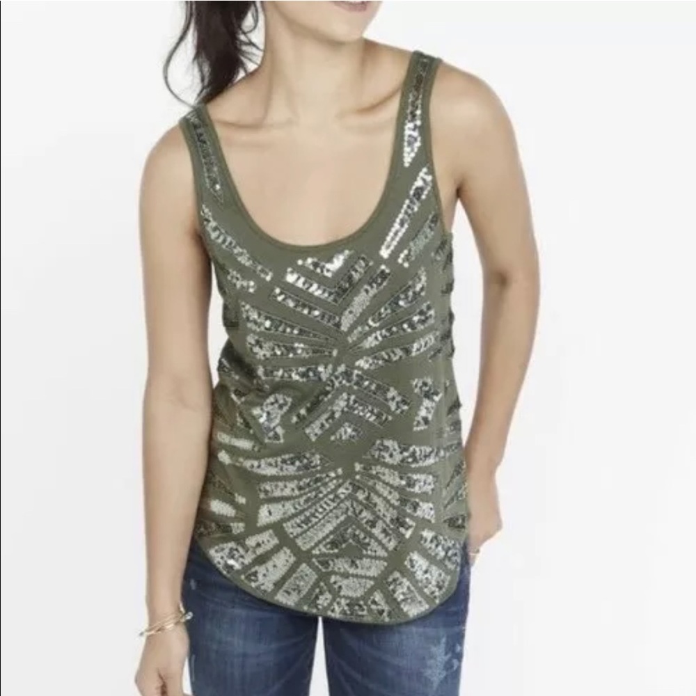 Express Silver Sequined Olive Green Tank Top